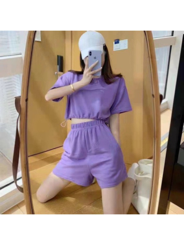 纯色抽绳短袖T恤夏季新款高腰显瘦宽松百搭运动短裤两件套装