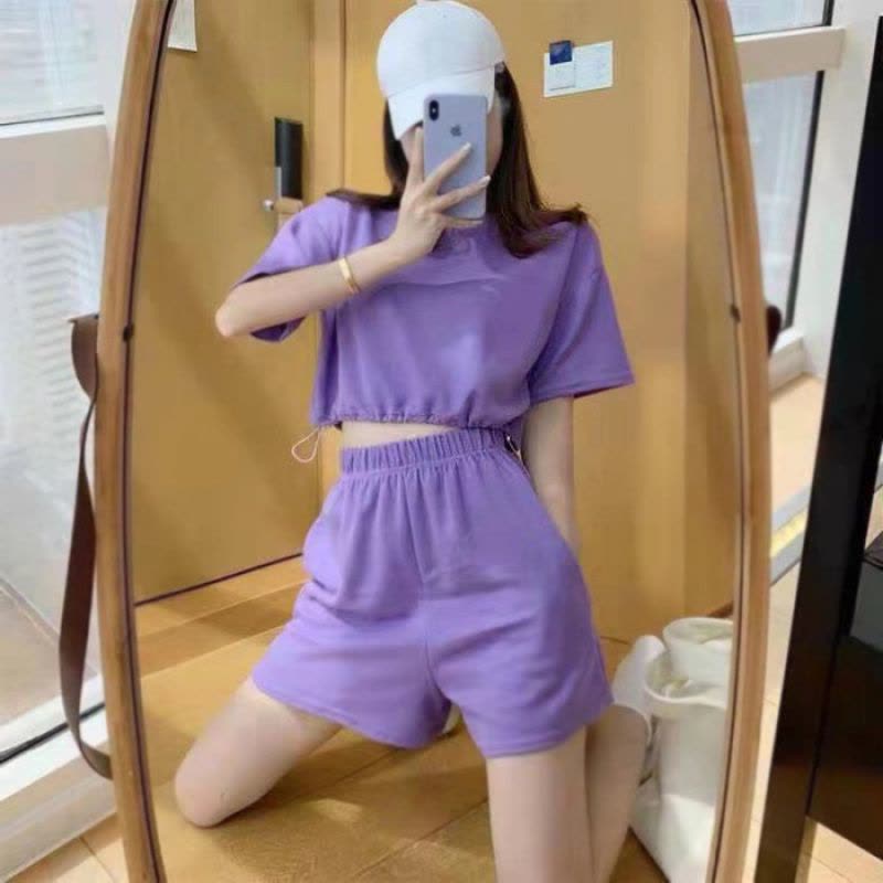 纯色抽绳短袖T恤夏季新款高腰显瘦宽松百搭运动短裤两件套装图片