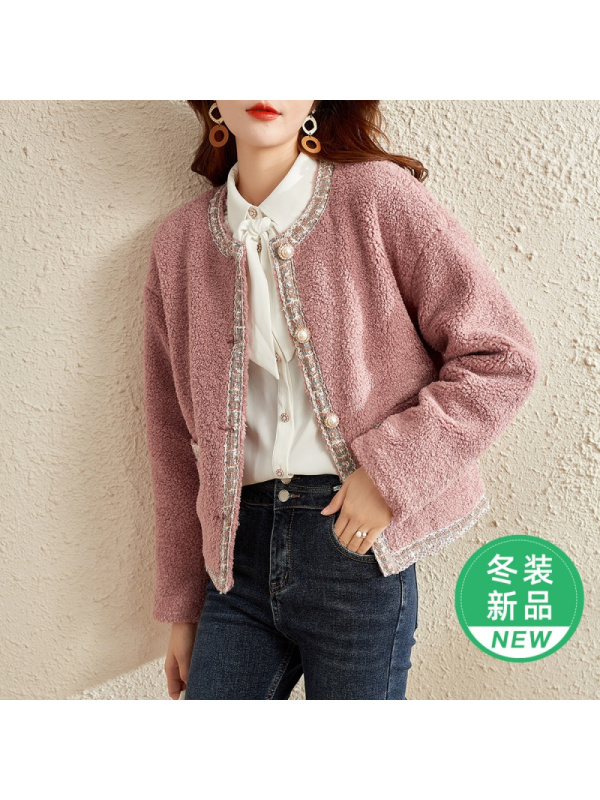 OUNIXUE欧昵雪 | [短款羊羔绒上衣]秋冬季小个子圆领织带拼接长袖休闲外套女