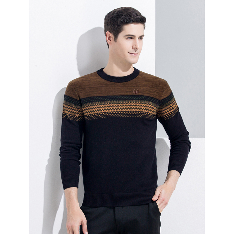 恒源祥男士纯羊毛衫秋冬款男士羊毛圆领针织衫中年长袖毛衣