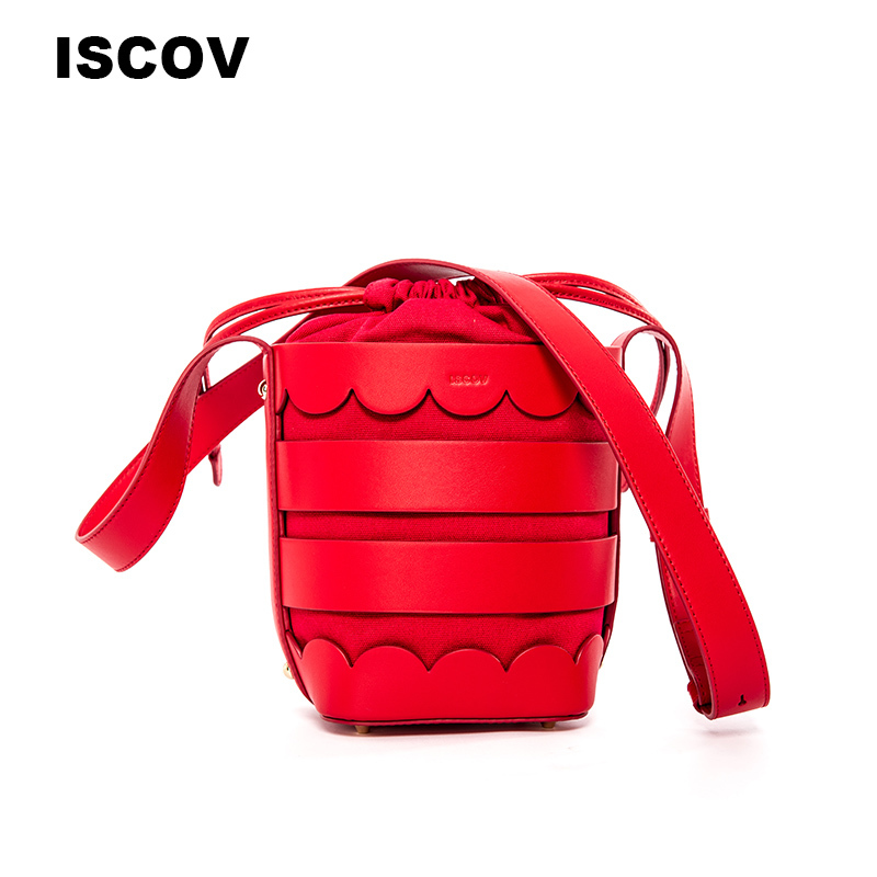 ISCOV镂空珍珠真皮水桶包 牛皮宽肩带斜挎包新娘包