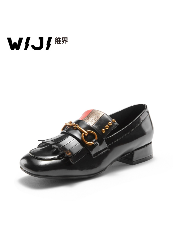 WIJI维界2018新款真皮韩版时尚女鞋粗跟潮流胎牛皮日常百搭单鞋潮