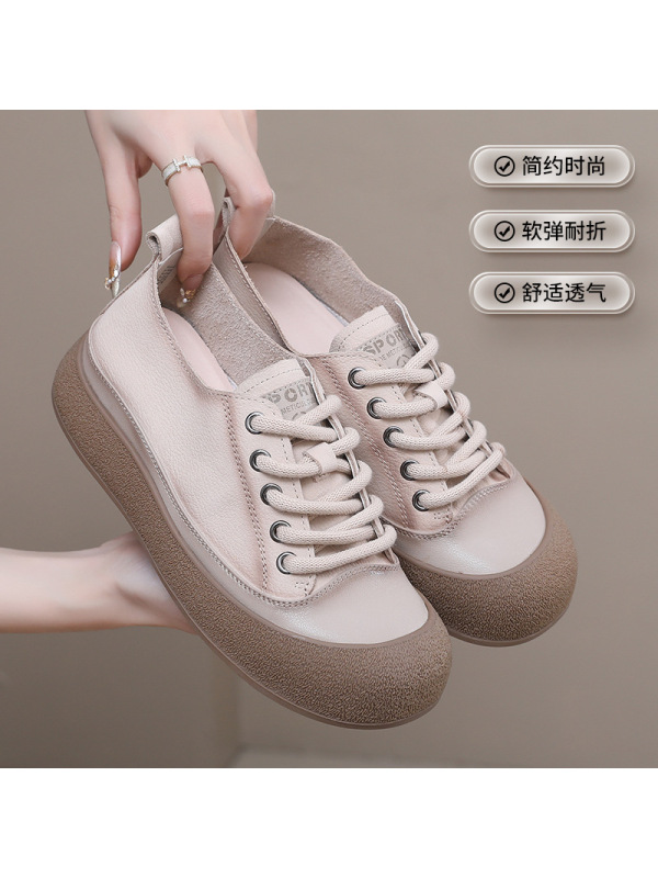 真皮复古厚底拼色单鞋女2025春秋季新款圆头系带软底大码休闲鞋