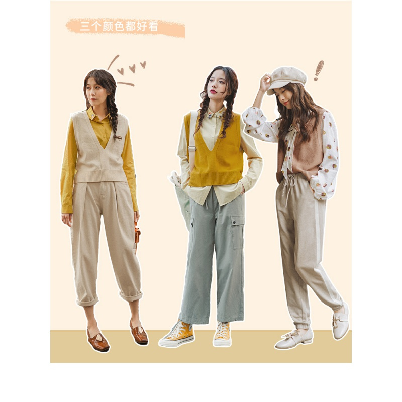 茵曼2019秋季新款无袖短款毛衣背心马甲女外穿v领学院风马夹宽松