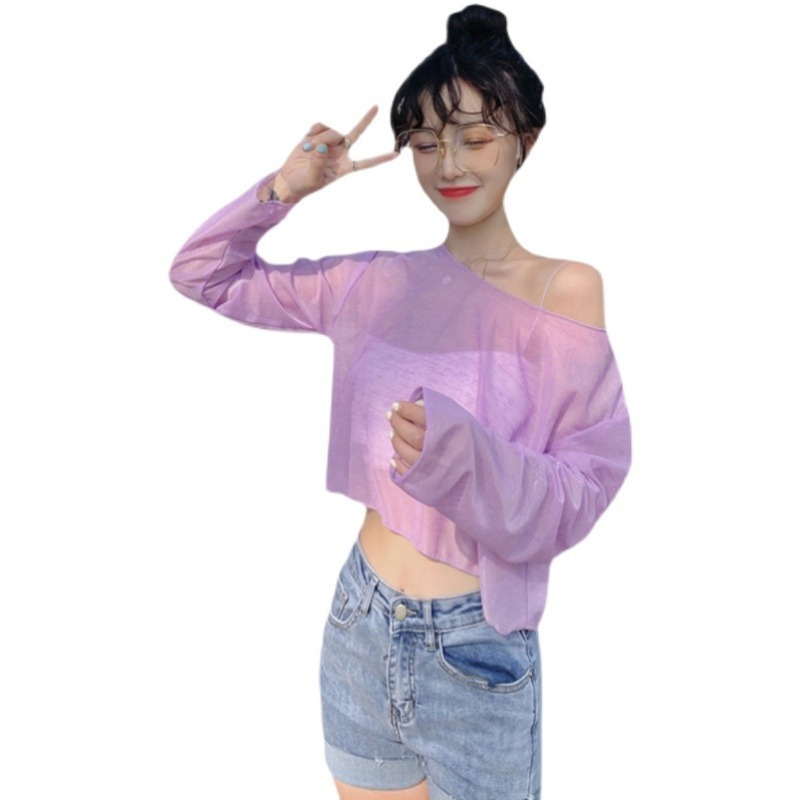 纯色透明防晒衣女宽松长袖T恤女情侣装打底衫短款小可爱女装潮ins