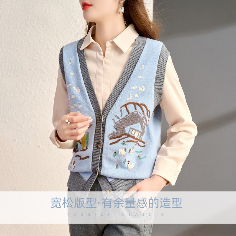 OUNIXUE欧昵雪 | [罗纹拼接V领毛衣马甲]秋冬季宽松针织衫背心上衣女士马夹