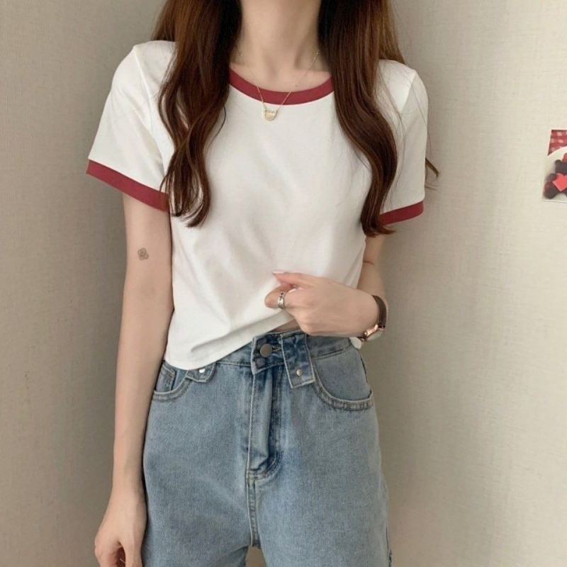 撞色圆领短袖T恤女夏季新款学生打底衫韩版修身短款上衣韩国女装
