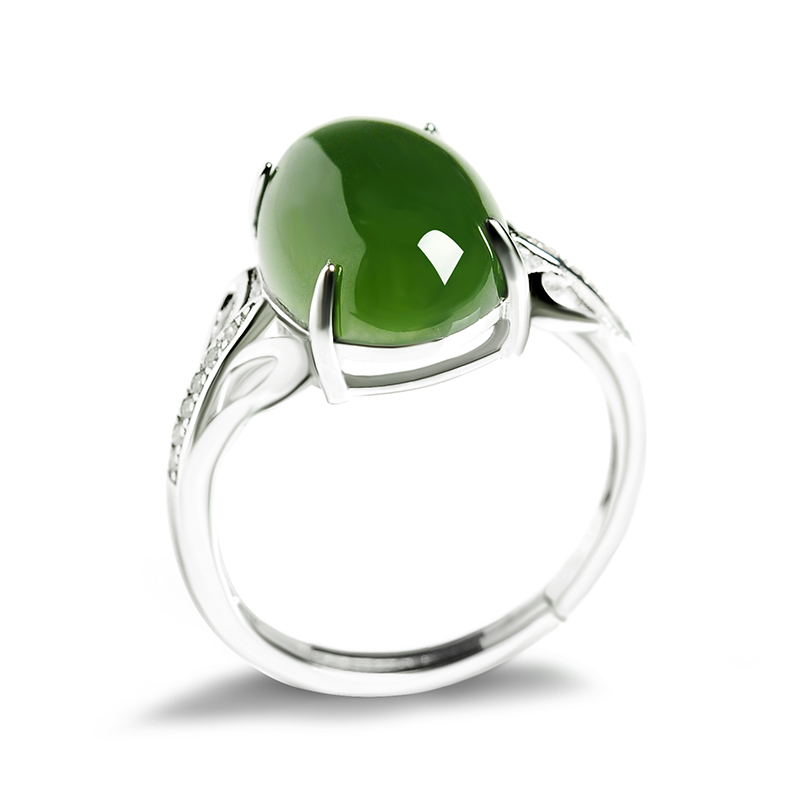 帛兰梓韵天然和田碧玉戒指s925银镶碧玉戒指女款时尚玉石戒指镂空活扣