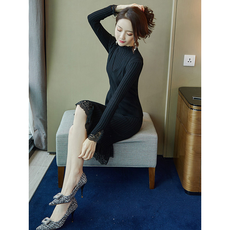 丝柏舍2019秋女纯色针织连衣裙搭收腰马甲气质套装S93T4104N