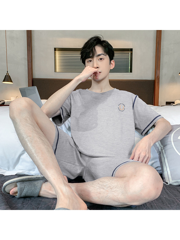 男士夏季棉质圆领短袖短裤薄款套装简约休闲学生春秋家居服可外穿