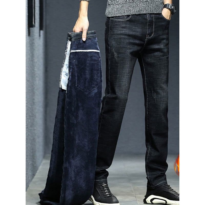 冬季中年男士高端牛仔裤柔软防风休闲裤加绒品质商务男裤图片