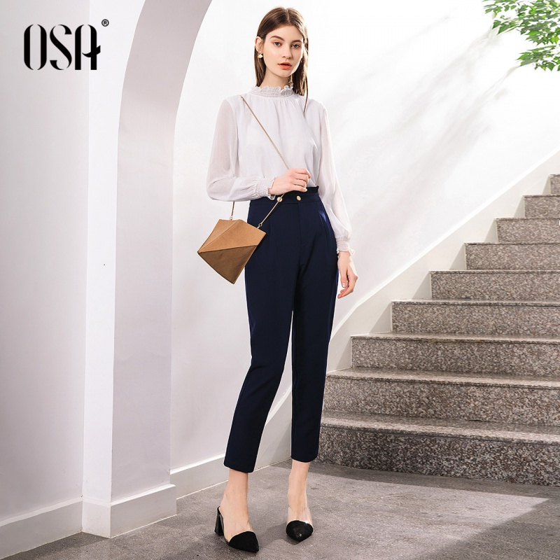 OSA欧莎夏新款韩版时尚打底直筒九分运动休闲裤女高腰裤子
