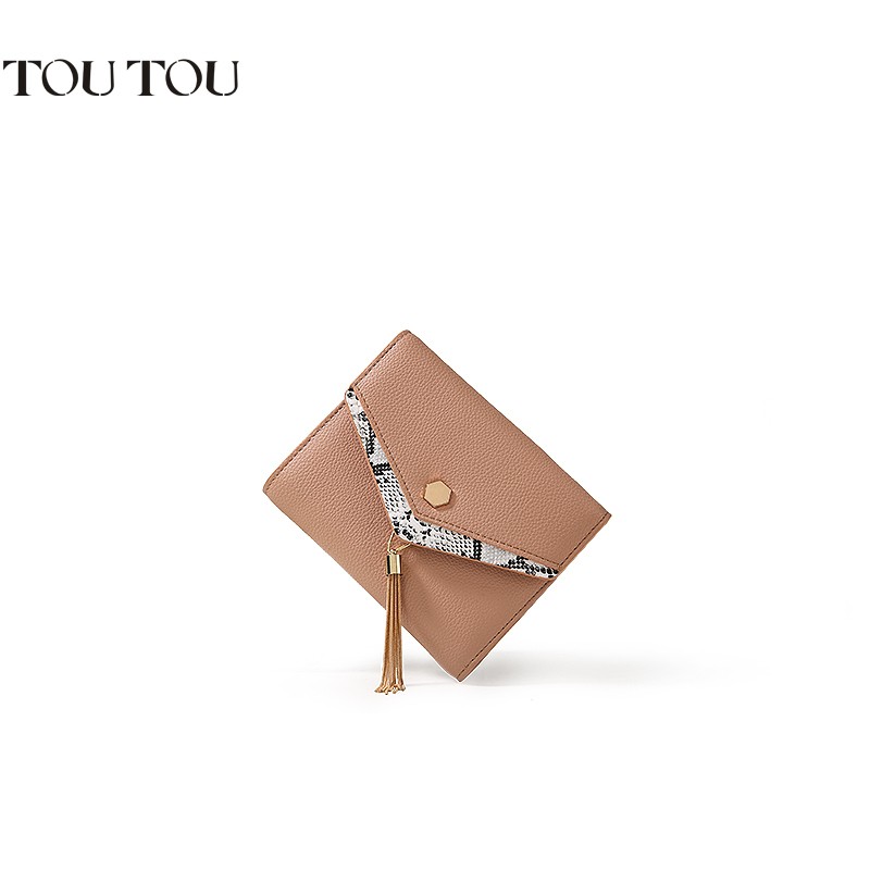 TOUTOU2019潮款韩版小清新蛇纹拼接流苏短款钱包零钱卡包