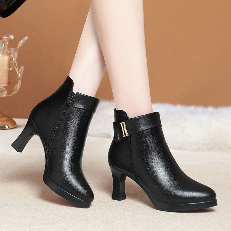 高跟短靴女秋冬季新款时尚百搭厚底防水台加绒棉鞋防滑女士单靴子图片