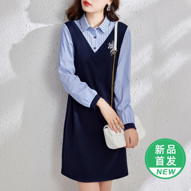 OUNIXUE欧昵雪 | [假两件拼接卫衣裙]春季时尚条纹翻领绣花长袖宽松连衣裙女
