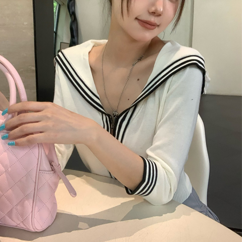 韩版撞色领七分袖针织开衫女秋季修身显瘦甜美短款学院风上衣