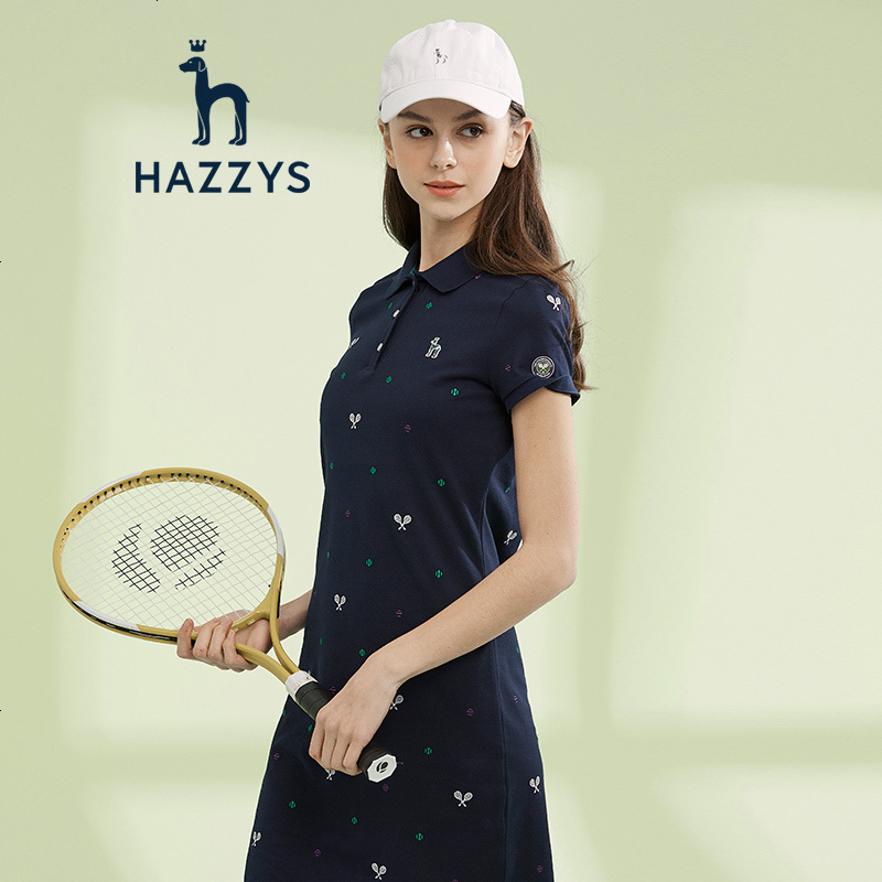 哈吉斯HAZZYS 春夏女休闲刺绣连衣裙运动风修身polo裙一步裙