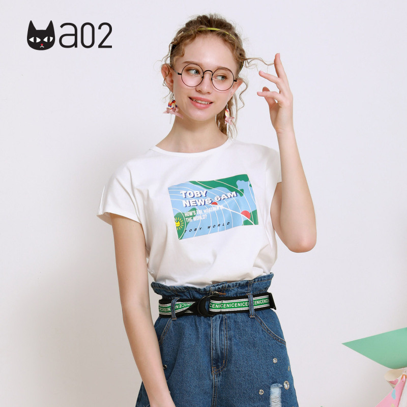 a02新款2020时尚个性印花上衣女夏潮绑带短袖T恤女D1U5A0561KT
