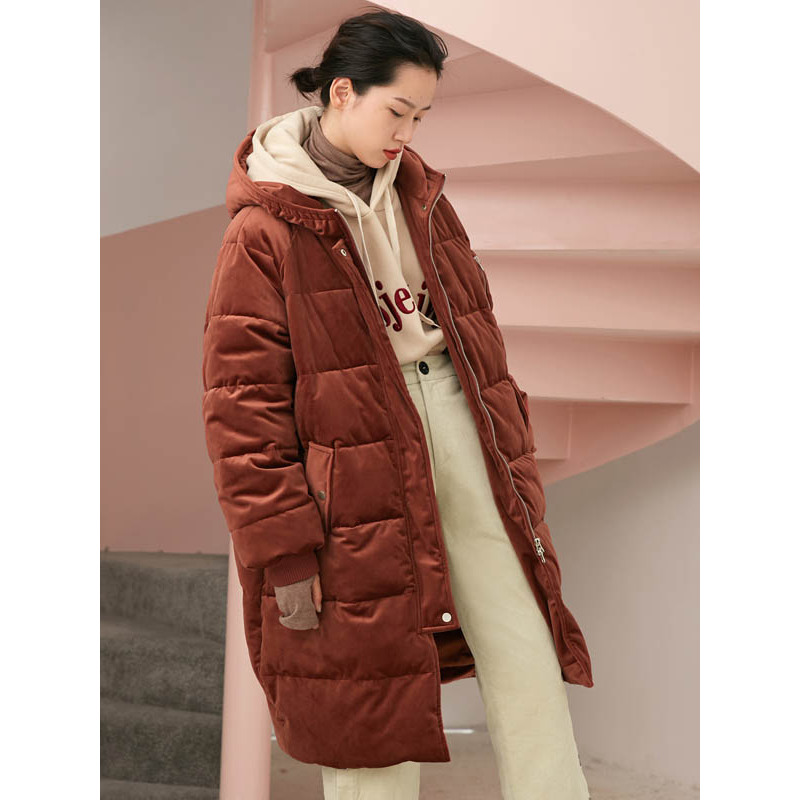 森宿Y中长款丝绒棉衣女冬季2018新款ins反季连帽过膝加厚棉服棉袄