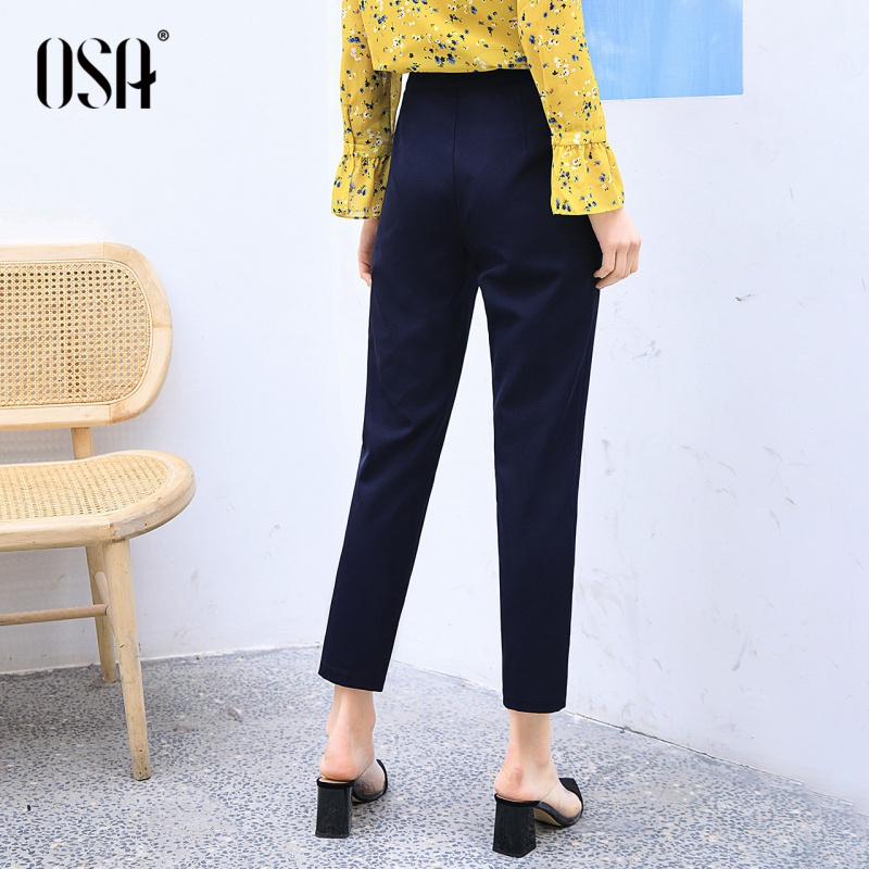 OSA欧莎夏新款韩版时尚打底直筒九分运动休闲裤女高腰裤子