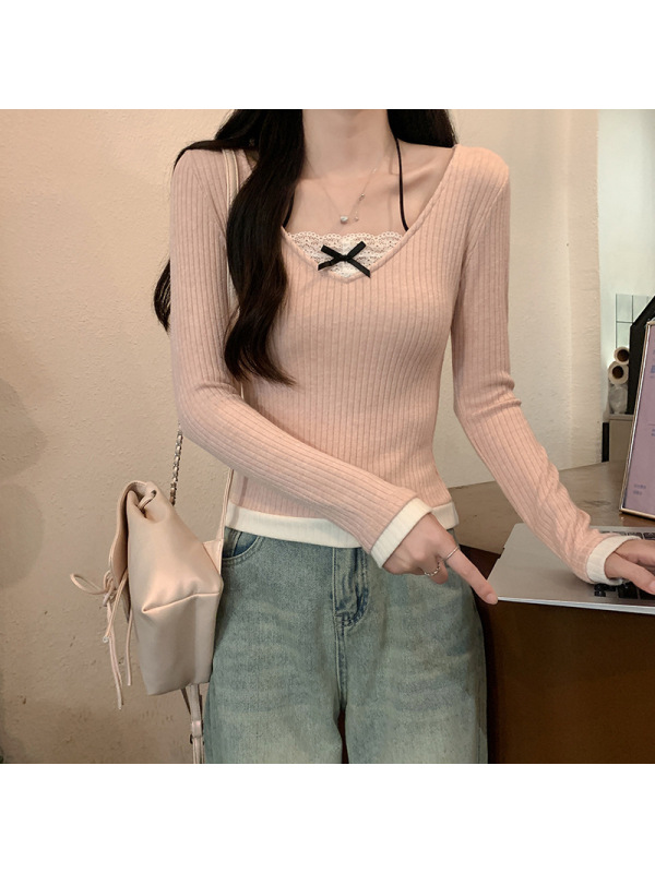 蕾丝拼接v领长袖T恤女春秋新款假两件内搭打底衫高腰短款上衣ins