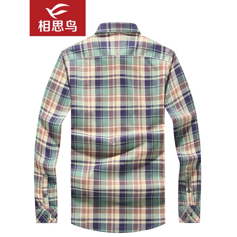 红豆相思鸟男装纯棉绿格纹修身休闲长袖衬衫