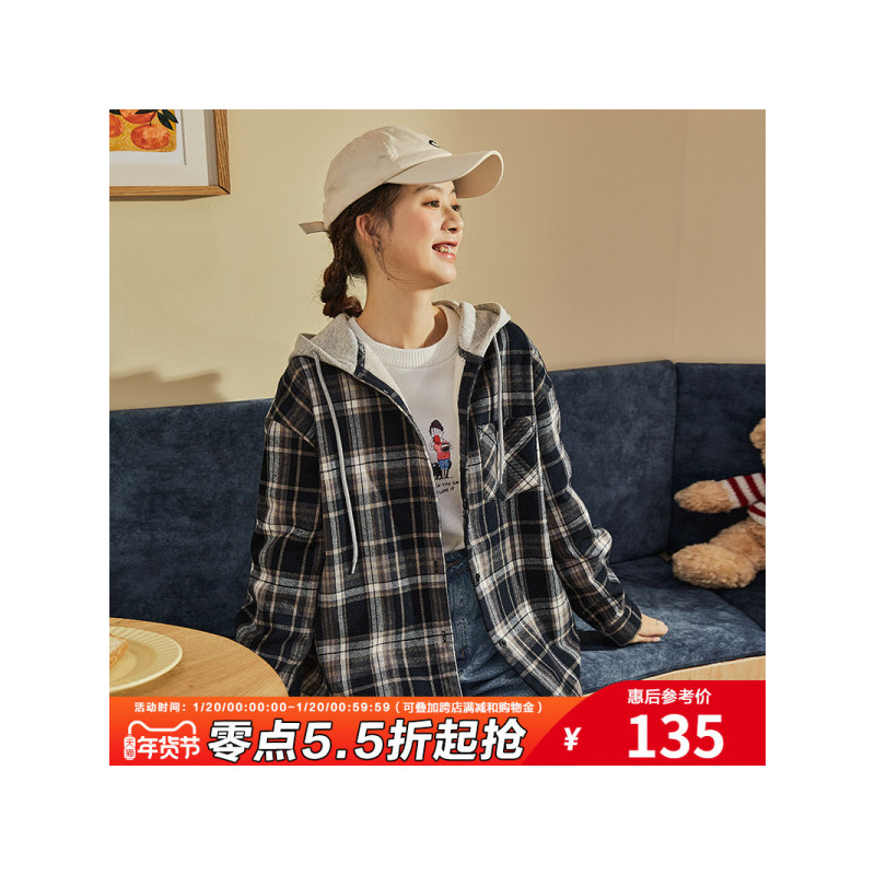 唐狮2020冬新款长袖连帽格子衬衫女复古港味加绒上衣外穿百搭衬衣
