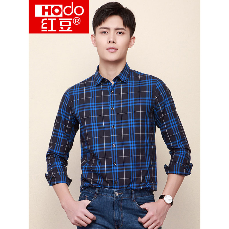 HODO红豆男装春秋季男士衬衫轻商务休闲时尚格纹修身扣领长袖衬衫男