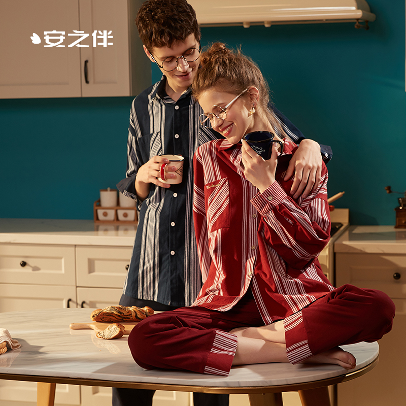 纯棉情侣睡衣女秋简约开衫长袖韩版休闲条纹宽松居家居服男