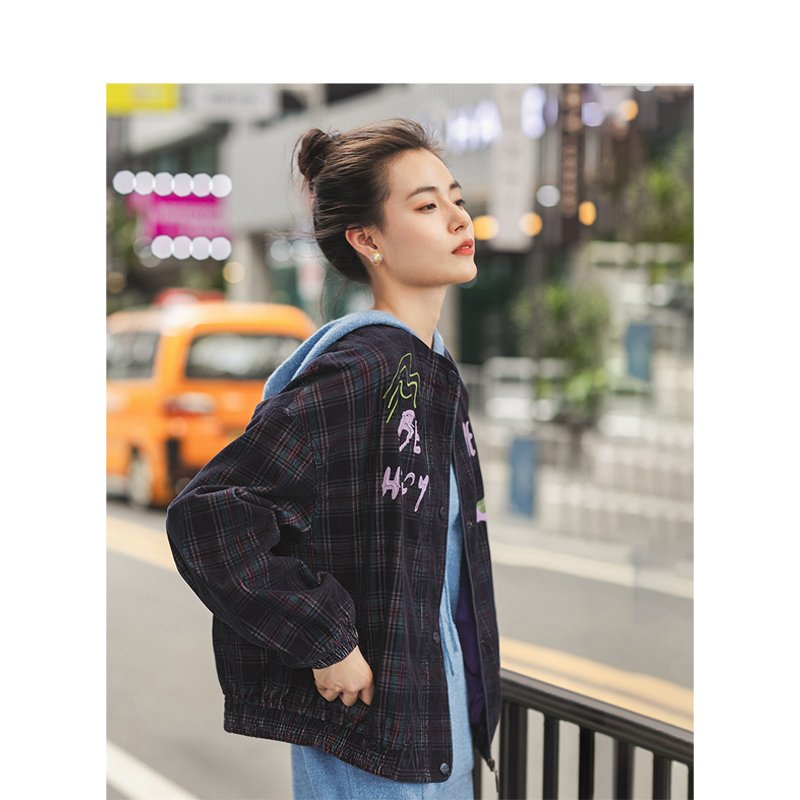 茵曼短外套女2019秋装新款棉质复古格纹圆领文艺印花宽松上衣