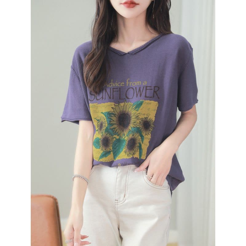 向日葵印花V领纯色T恤宽松休闲通勤春夏新款全棉舒适透气针织短袖图片