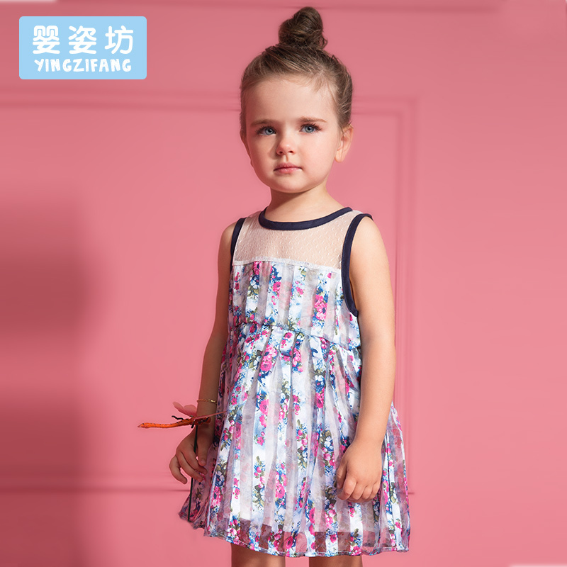婴姿坊夏装女童镂空背心连衣裙印花纱裙蕾丝公主裙女宝宝气质长裙