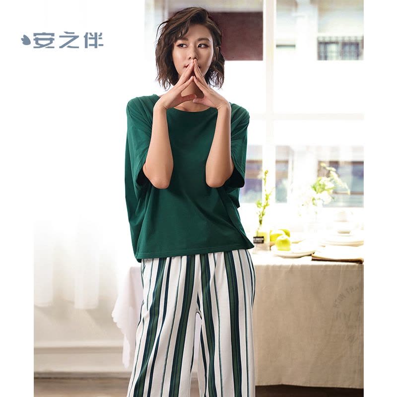 安之伴特卖棉质睡衣女夏宽松韩版短袖条纹七分裤大码外穿两件套家居服图片