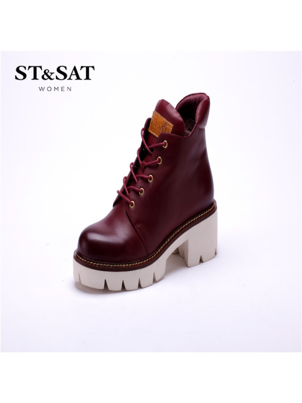 星期六ST&SAT牛皮圆头高跟系带纯色女靴SS54112983