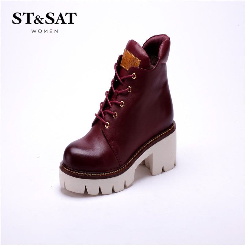 星期六ST&SAT牛皮圆头高跟系带纯色女靴SS54112983图片