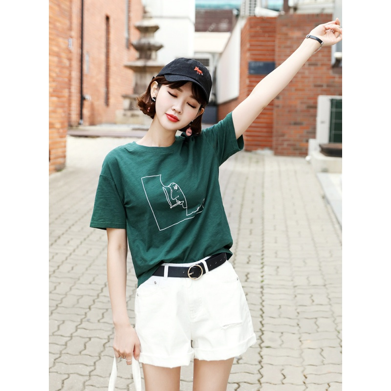 韩都衣舍2018夏新款韩版衣服宽松印花chic上衣短袖T恤女EQ12359婋