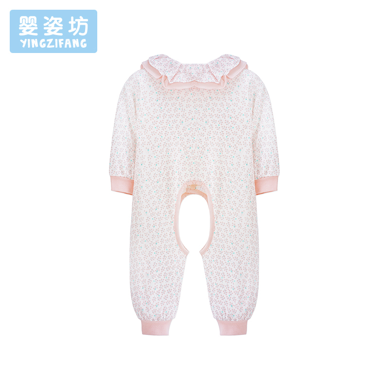 婴姿坊秋季新品女童印花长袖挖裆前开扣花边领连体衣 韩版