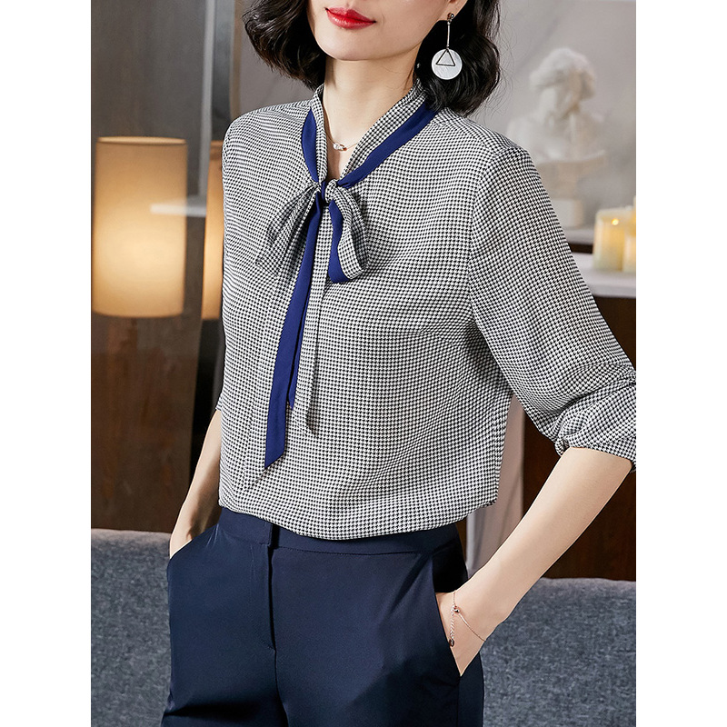 撞色飘带领气质女款衬衣百搭通勤女上衣女