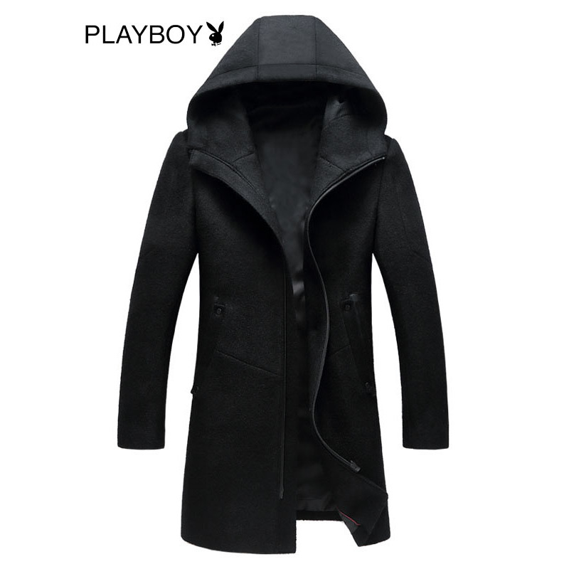 花花公子（PLAYBOYICON） 秋冬装连帽羊毛呢大衣男修身呢子外套中长款呢绒风衣商务休闲