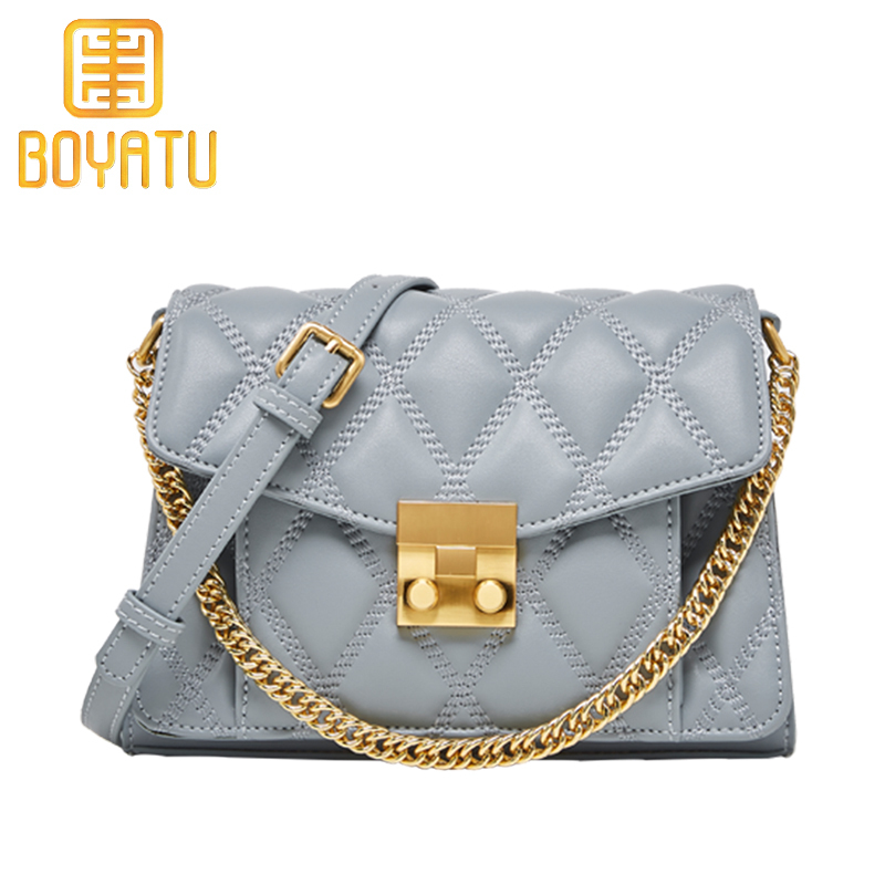 柏雅图(boyatu)牛皮女包包2019新款链条斜挎包女韩百搭菱格真皮单肩包