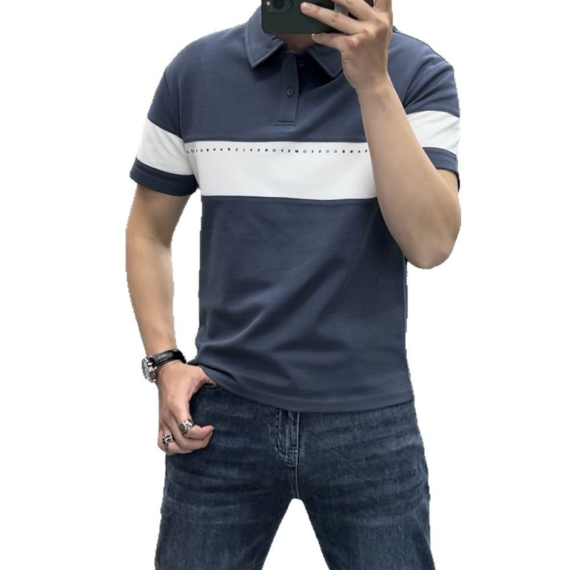 高端绅士短袖夏季新款polo衫男条纹日常圆领翻领针织T恤上衣拼色