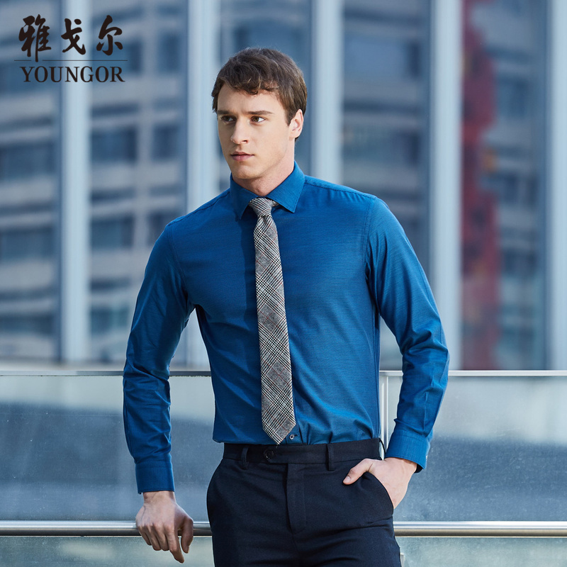 Youngor/雅戈尔男士商务正装秋季湖蓝提花长袖衬衫100020