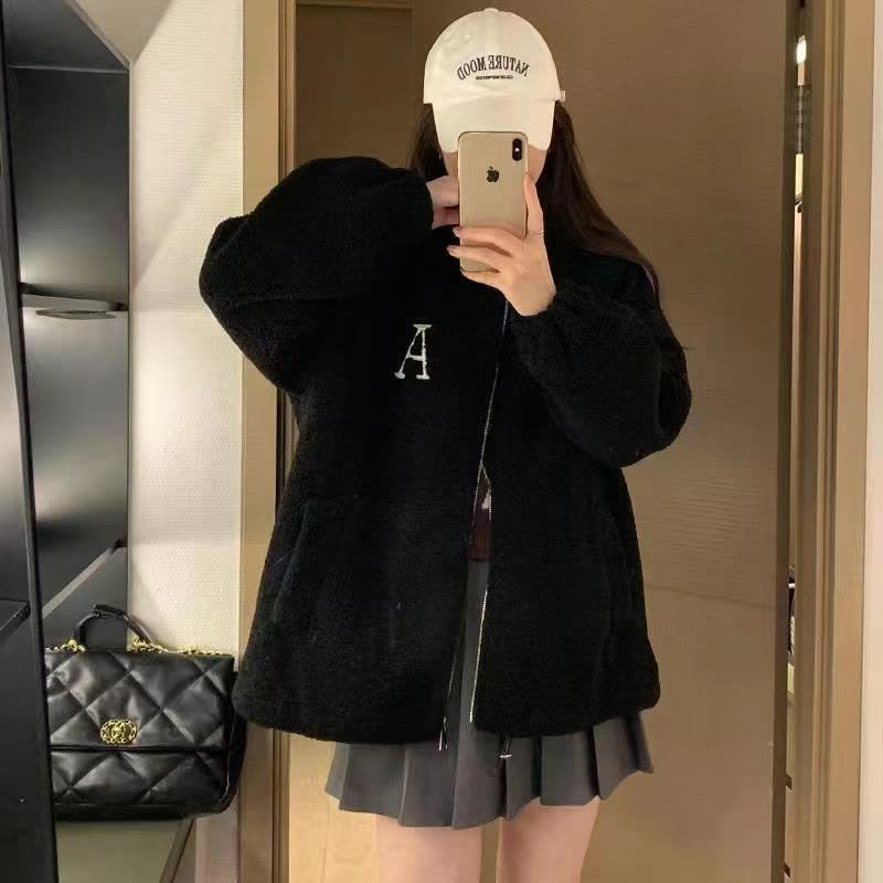立领字母宽松显瘦加绒加厚保暖外套秋冬季新款拉链时尚简约棉服潮图片