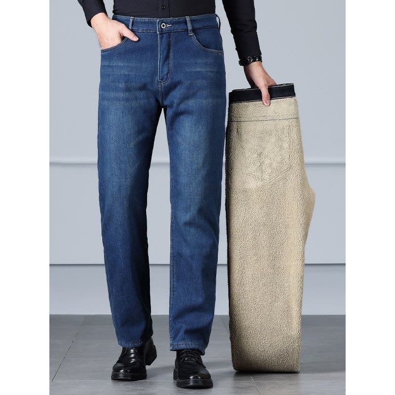 高腰大码加绒牛仔裤男 品质舒适裤男士 冬季羊羔绒休闲直筒裤男款图片