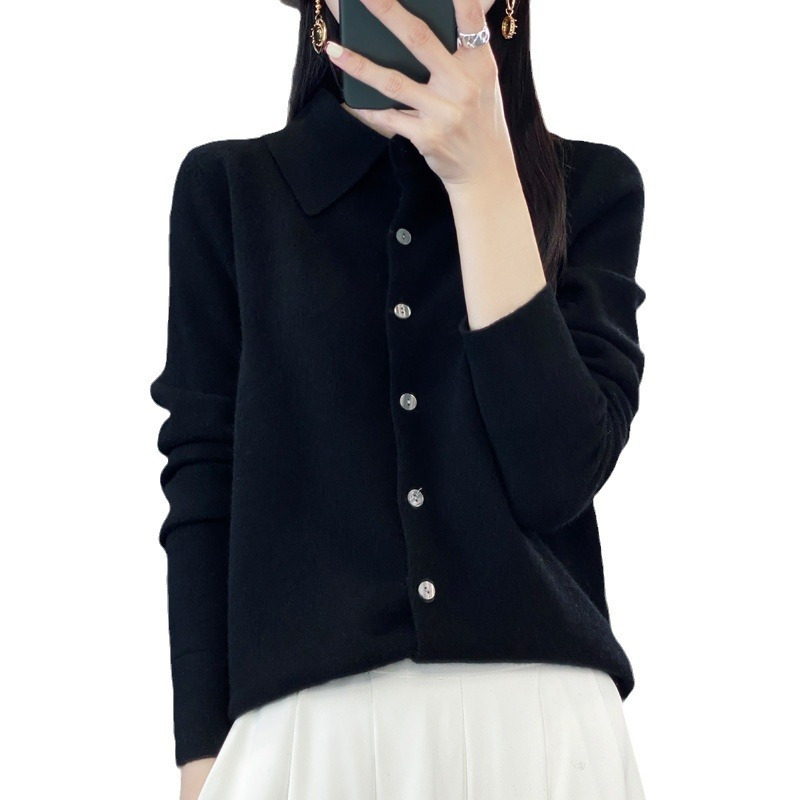 春秋polo领针织衬衫外搭宽松长袖毛衣安迪绒开衫女士气质翻领外套