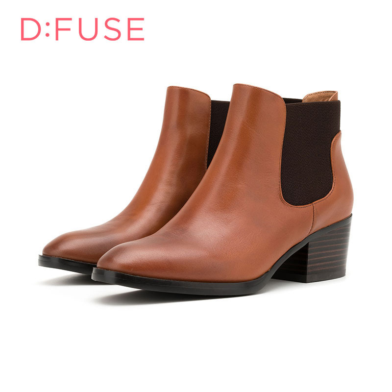 D：Fuse/迪芙斯切尔西短靴秋冬牛皮方头高跟女鞋DF64117001_EXB73