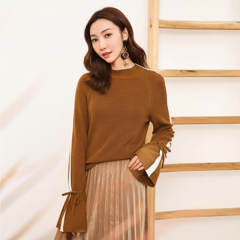 【专柜同款】拉夏贝尔蝴蝶结毛衣女拉夏贝尔秋喇叭袖白条纹时尚韩版毛针织衫10015862_707 M 焦糖