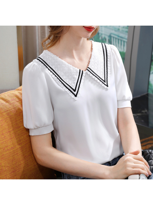Ceba雪纺衫女短袖2022年新款女装撞色拼接缎面洋气小衫减龄娃娃领上衣