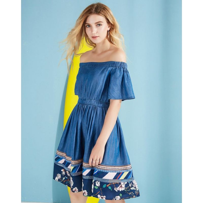 马克华菲女装2019花卉印花拼接一字领女式连衣裙