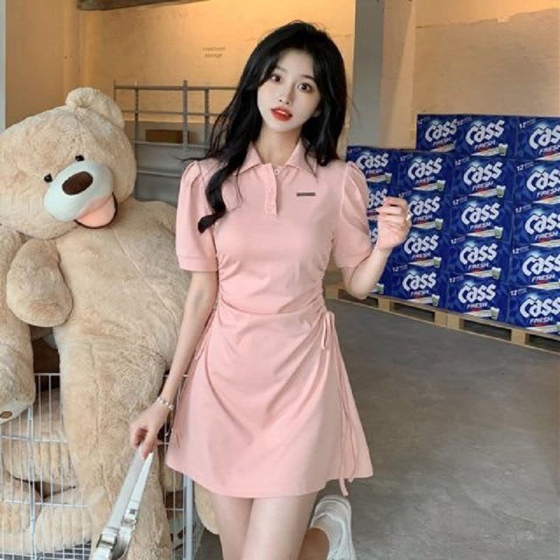polo领连衣裙女夏季新款抽绳收腰修身显瘦甜辣纯色风短袖裙子图片